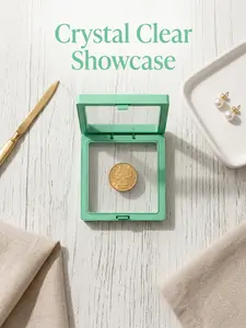 5-Pack (9cm×9cm) 3D Light Green Floating Display Cases, Dustproof Jewelry Packaging, Transparent Hanging Storage Boxes with Elastic Membrane, for Necklaces, Bracelets, Rings, Coins, Earrings & Brooches, Suitable as Gift Boxes for Retail and Personal Use