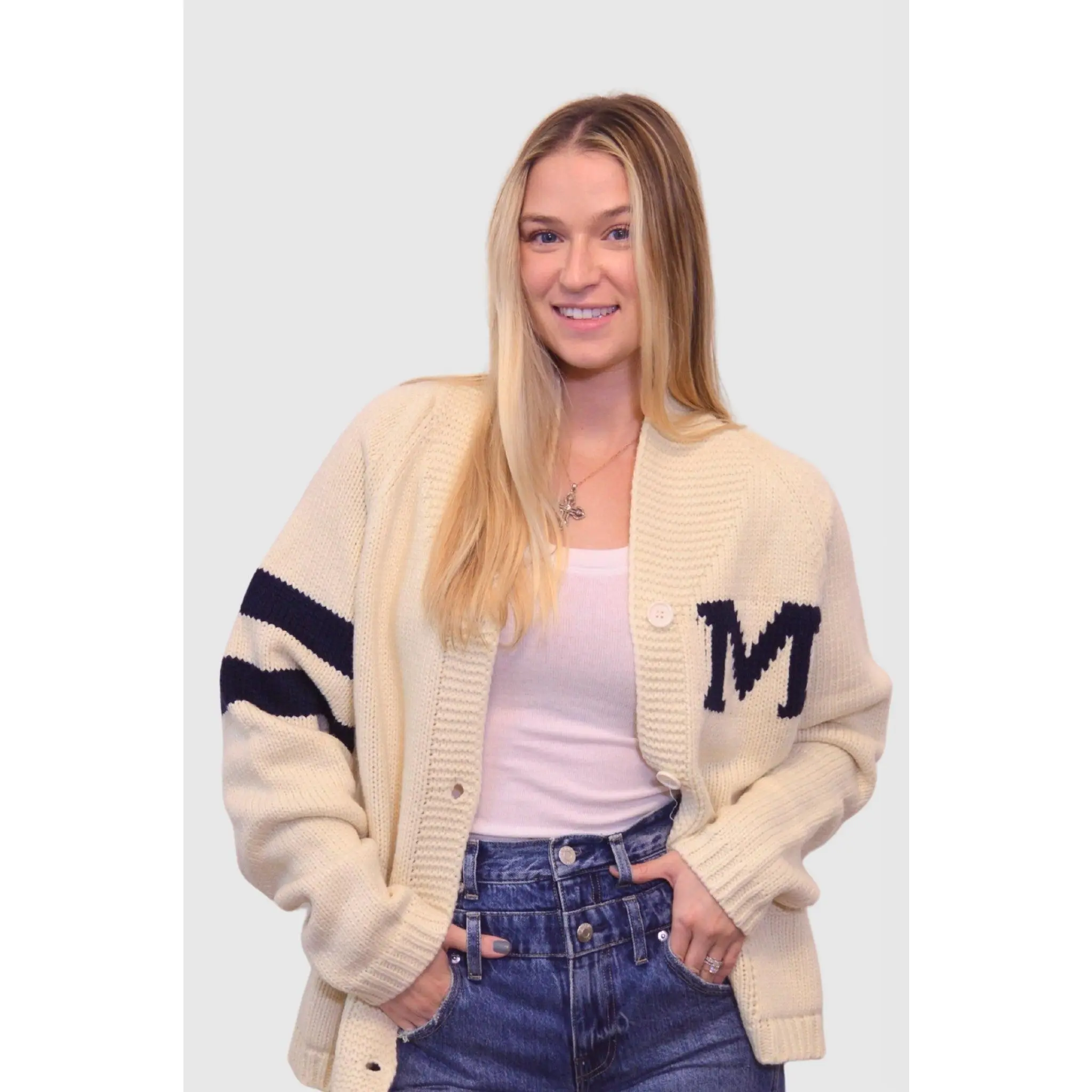 REBEL Chunky Knit Varsity Cardigan in Ivory & Navy