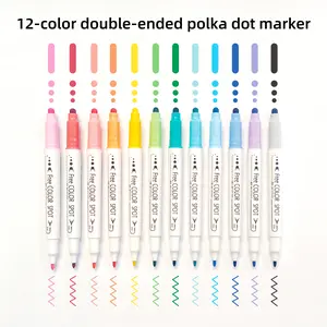 Vibrant 12-Color Dual-Tip Markers, 4mm Round Tip & 1mm Fine Tip, Ideal for Office, School Highlighting & DIY Greeting Card Crafts