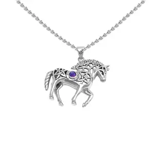 Double Sided Celtic Horse with Tree of Life snf Horseshoe with Gemstone Sterling Silver Pendant TPD6494
