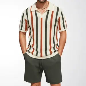 Men's clothing, new summer men's striped knit shirt, short-sleeve shorts polo shirt set