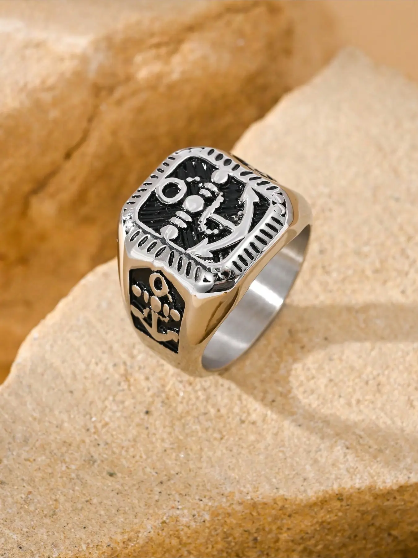 1pc Stainless Steel Domineering Men's Boat Anchor Ring, Pirate Element Party Holiday Jewelry Gift