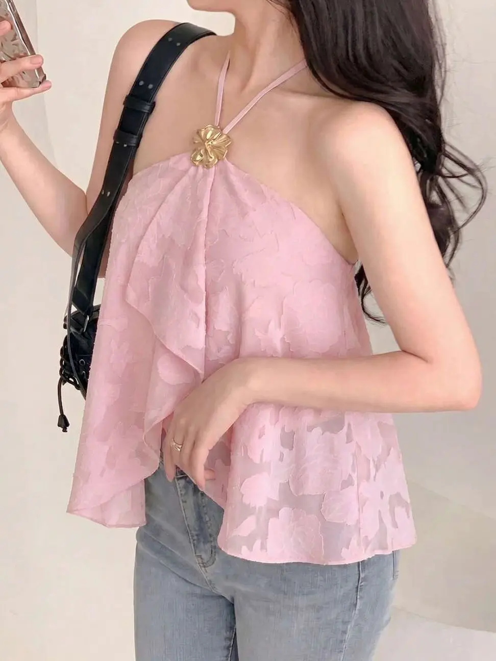 Women's Chiffon Spaghetti Strap Top, Backless Lace Up Ruffle Hem Camisole with Metal Flower Button Detail for Summer Vacation and Party Wear