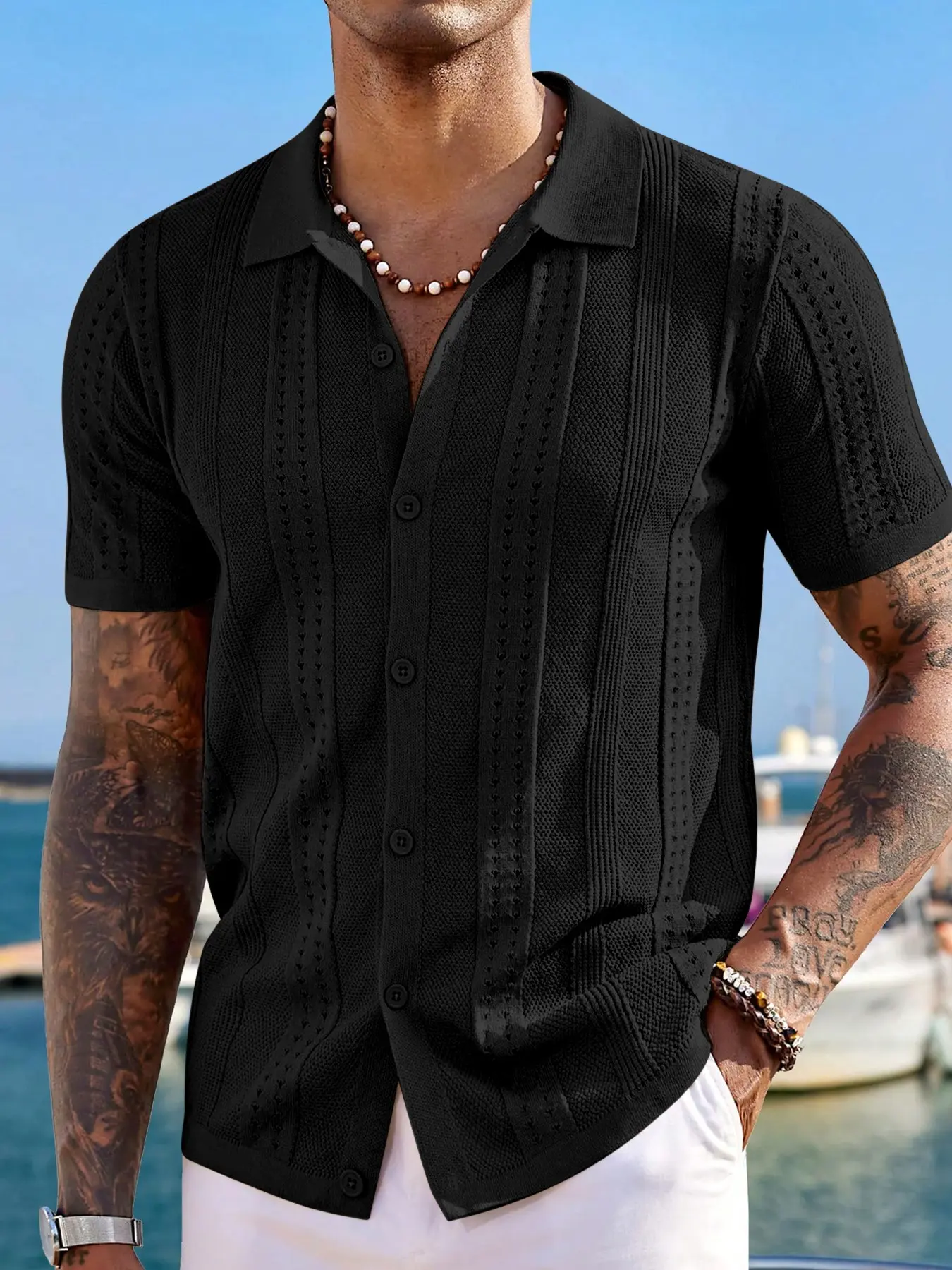 A men's geometric-patterned collared cardigan Shirt with short sleeves, featuring a fashionable design. It's a versatile and casual men's pullover top, comfortable and stylish, making it the first choice for daily wear Menswear