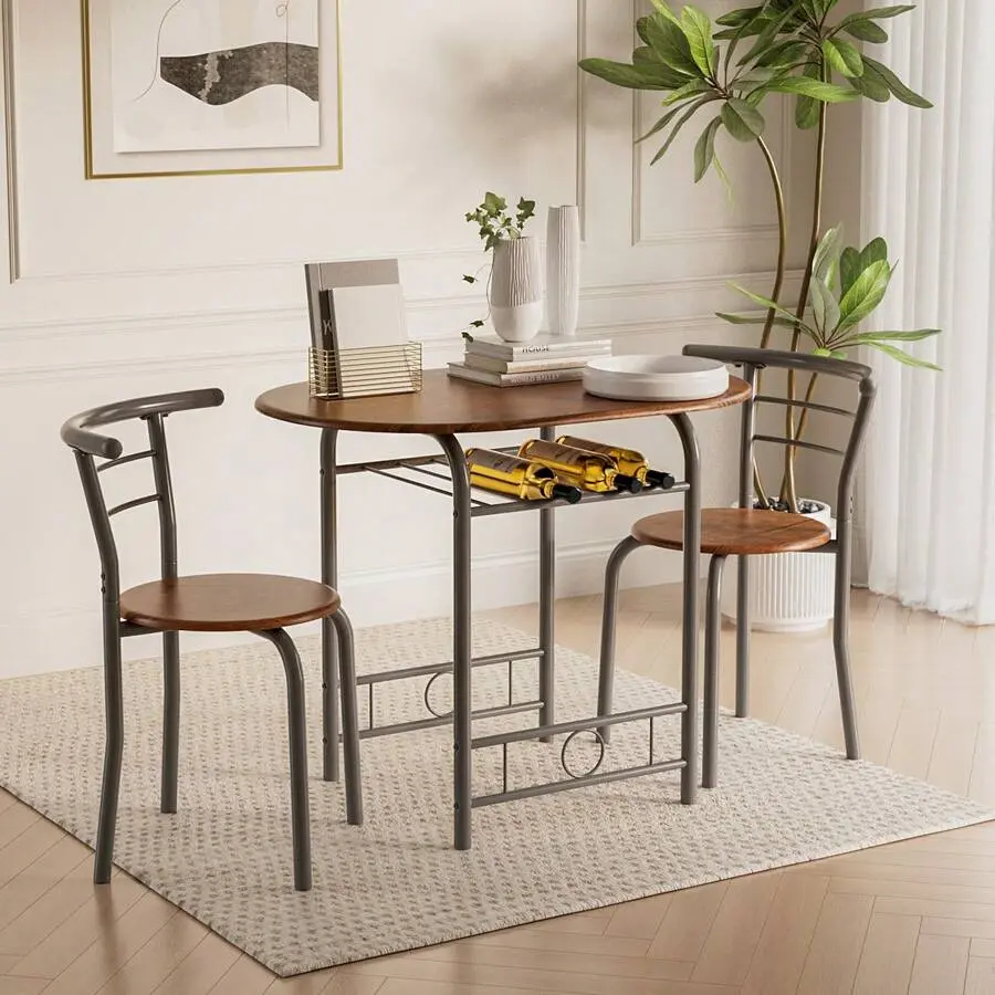 Indoor 3-Piece Round Wood Dining Table Set with Chairs - Sintered Stone Top, Metal Frame, Wine Storage Rack, Space-Saving Furniture Set, LED Gaming Vanity Desk, Bedroom Headboard, Sensory Spin Drawers, Assembly Required (for Kitchen, Bar Use)