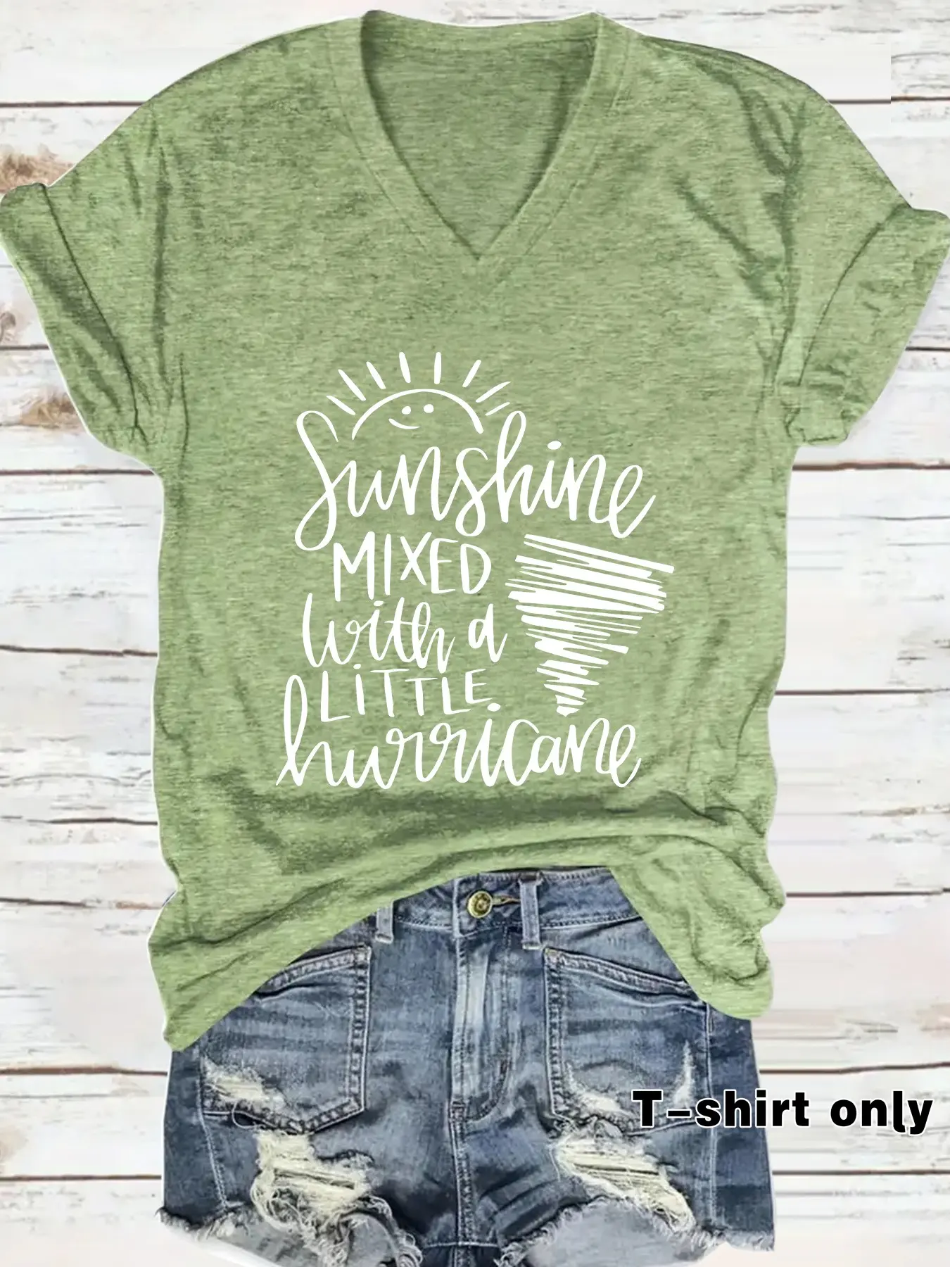 Women's Sun & Hurricane Graphic Print T-Shirt, Soft Elastic V-Neck Short Sleeve Top, Casual Style Summer Spring Tee, Vacation Wear, Comfortable Womenswear Shirt