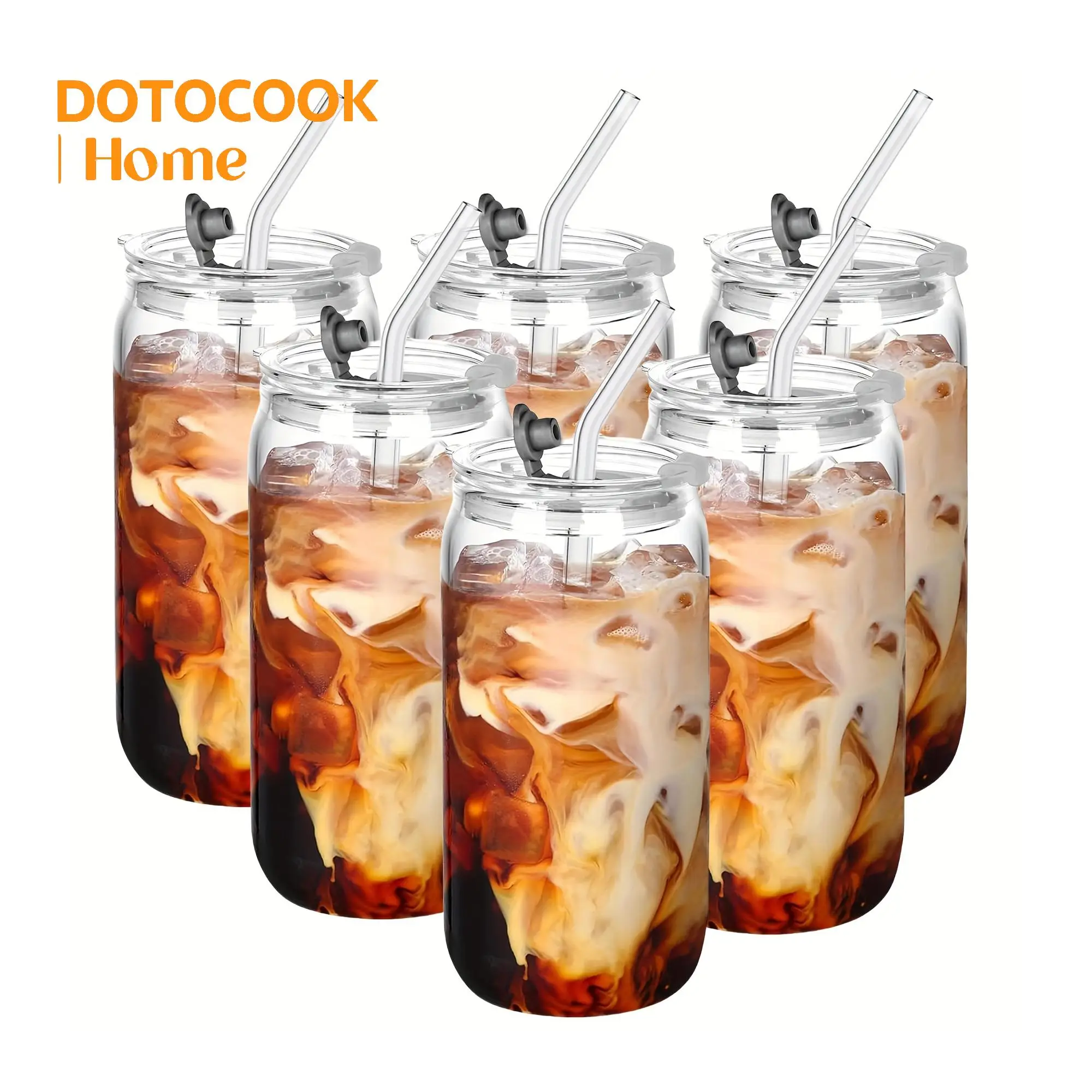 Glass Cup with Lid & Straw & Straw Brush, 2/4/6 Counts 16oz Drinking Glasses, Portable Iced Coffee Cups for Home Office Party Dormitory Picnic