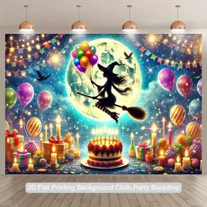 1pc Witch Birthday Party 2D Flat Backdrop - Enchanting Witch on Broomstick with Colorful Balloons, Stars & Moon Design - Durable Polyester Indoor/Outdoor Photography Background for Studio Props, Holiday & Birthday
