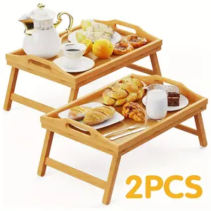 2pcs Bamboo Breakfast Tray with Folding Legs & Handles - Extra Wide Stable Food-Safe Bed Tray Table for Eating, Working, Drawing - Portable Foldable Design for Sofa, Bed, Lazy People, Bedside Table | Natural Look | Christmas Gifts