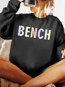 Bench Pattern Print Plus Size Sweatshirt, Casual Round Neck Sporty Top for Fall & Winter, Fitted Women's Clothing