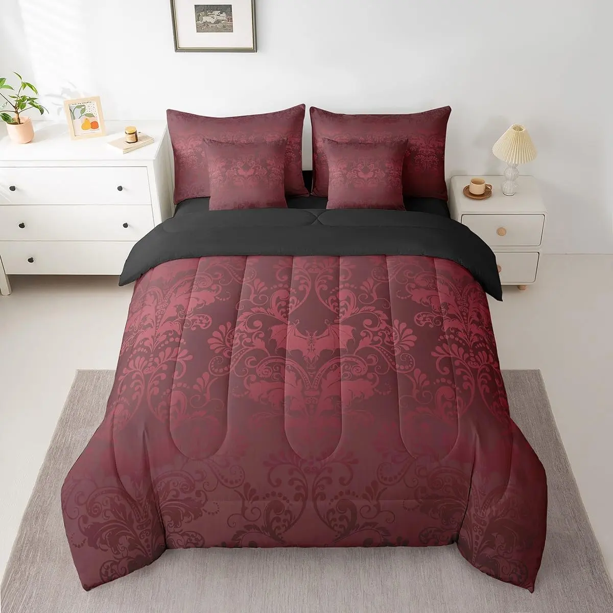 Feelyou 7-Piece Gothic Damask Bedding Set - Bed in a Bag with Red Victorian Floral Goth Sheets, Halloween Bat Design, Queen Size Bedding Set, Bedding Sets