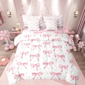 Bow Comforter Set 7 Pieces Cute Bowknot Bedding Set Princess Style Bed in a Bag with Comforter,Sheets,Pillowcases,Cushion Covers Kawaii Bedroom Decor White and Pink Quilted