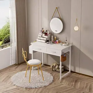 32" Small White MDF Wood Desk - Multi-Functional Indoor Furniture with Fabric Drawers, Pockets, Steel Brackets for Quick Setup, Ideal for Small Spaces as Bedroom Dressing Table or Study Writing Desk, Minimalist Design
