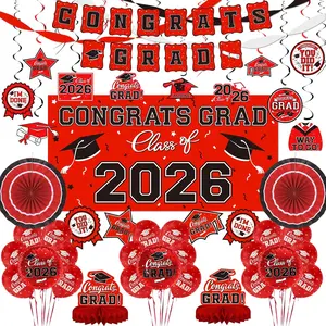 Red Themed 2026 Graduation Decorations Set - Congrats Grad Banner, Class of 2026Backdrop, Balloons & Streamers Kit - Complete Party Supplies for High School & College Celebrations