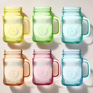Vintage Colored Drinking Glass Mason Jar 16 OZ with Comfortable Handle for Party Beverages 6 pcs Glassware Set Dishwasher Safe Tin Drinkware Lid