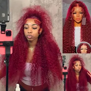 34 inch 36 inch 99J Burgundy Lace Front Wigs Human Hair Deep Wave 13x6 HD Lace Frontal Wigs Human Hair Pre Plucked 180 Density Wine Red Colored 99J Curly human hair Wig with Baby Hair 26 inch Glueless Wig 180 density 280 Density