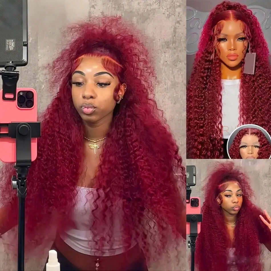 34 inch 36 inch 99J Burgundy Lace Front Wigs Human Hair Deep Wave 13x6 HD Lace Frontal Wigs Human Hair Pre Plucked 180 Density Wine Red Colored 99J Curly human hair Wig with Baby Hair 26 inch Glueless Wig 180 density 280 Density