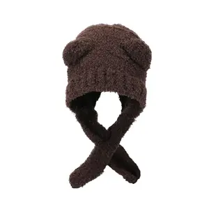 Upgraded Version Versatile Bear Warm Hat Scarf Integrated Women's Thickened Ear Protector Autumn and Winter Knitted Plush Hat