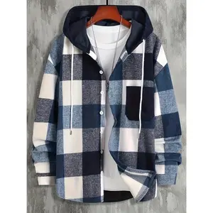 Lightweight Polyester Men's Casual Plaid Hooded Jacket - Button-Up with Drawstring, Chest Pocket, Long Sleeve, Contrast Color Design for Spring/Fall Menswear Sweatshirts Fabric Tops
