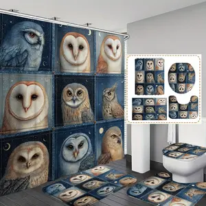 Owl Plaid Shower Curtain Set with Hooks, Non-Slip Bath Mat, U-Shaped Rug, Toilet Seat Cover, Bathroom Accessories, Home Decor