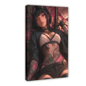 Tattooed Woman with Katana And Goggles Canvas Poster Wall Art for Home Bedroom Office Dorm Room Decor