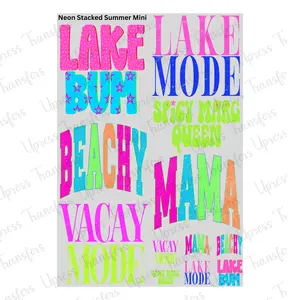 Neon Stacked Summer Mini DTF Transfer Gang Sheet 24.5" Wide x 36" Long Direct To Film Trendy Vibrant Designs for Stylish Wardrobe