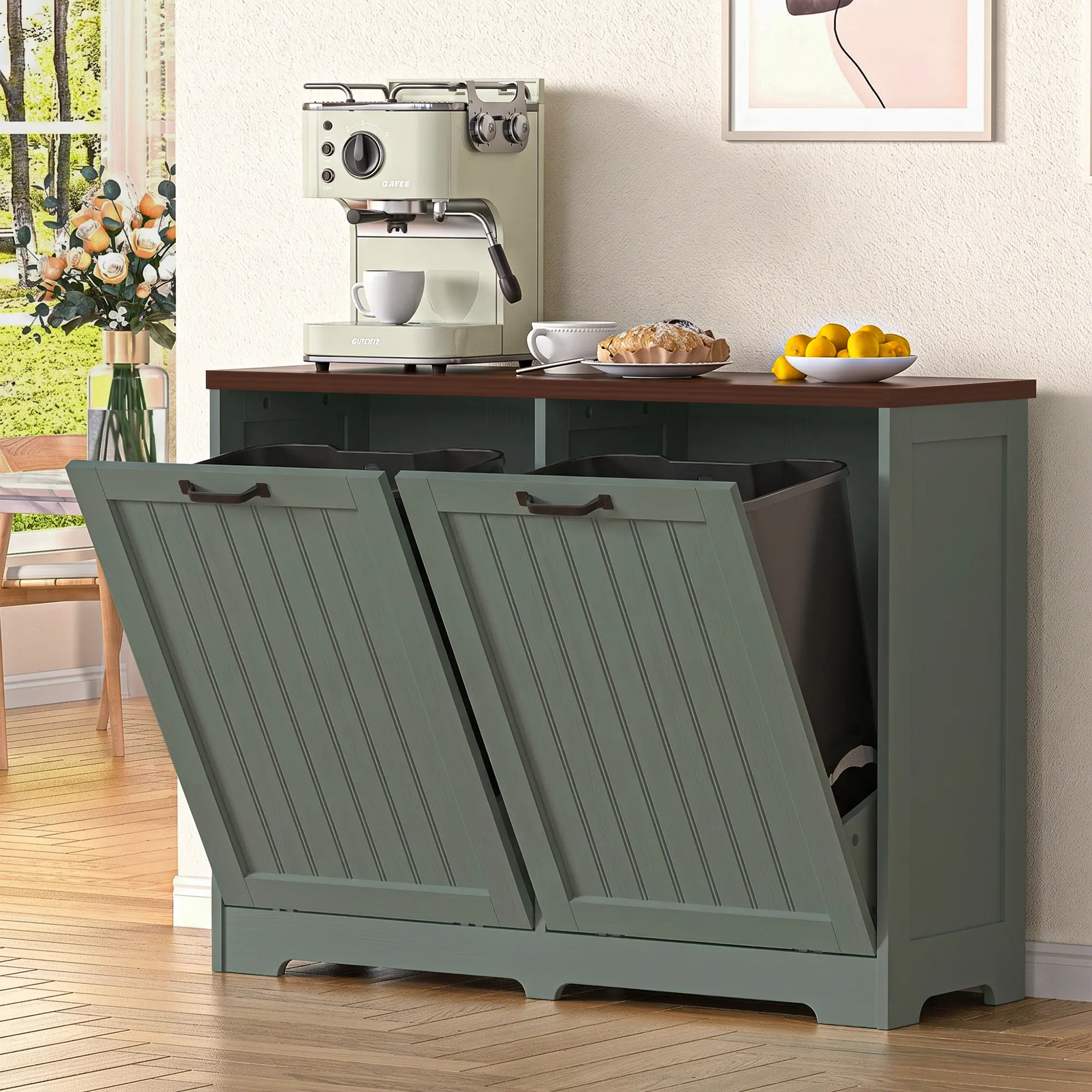 AHB Hidden Storage Cabinet - Waterproof, Modern, Pet-Proof Wooden Cupboard with Space-Saving Tilt-Out Design, Fits 2 Trash & Recycle Bins, for Kitchen/Bathroom Home Supplies (Does Not Include Trash Can)