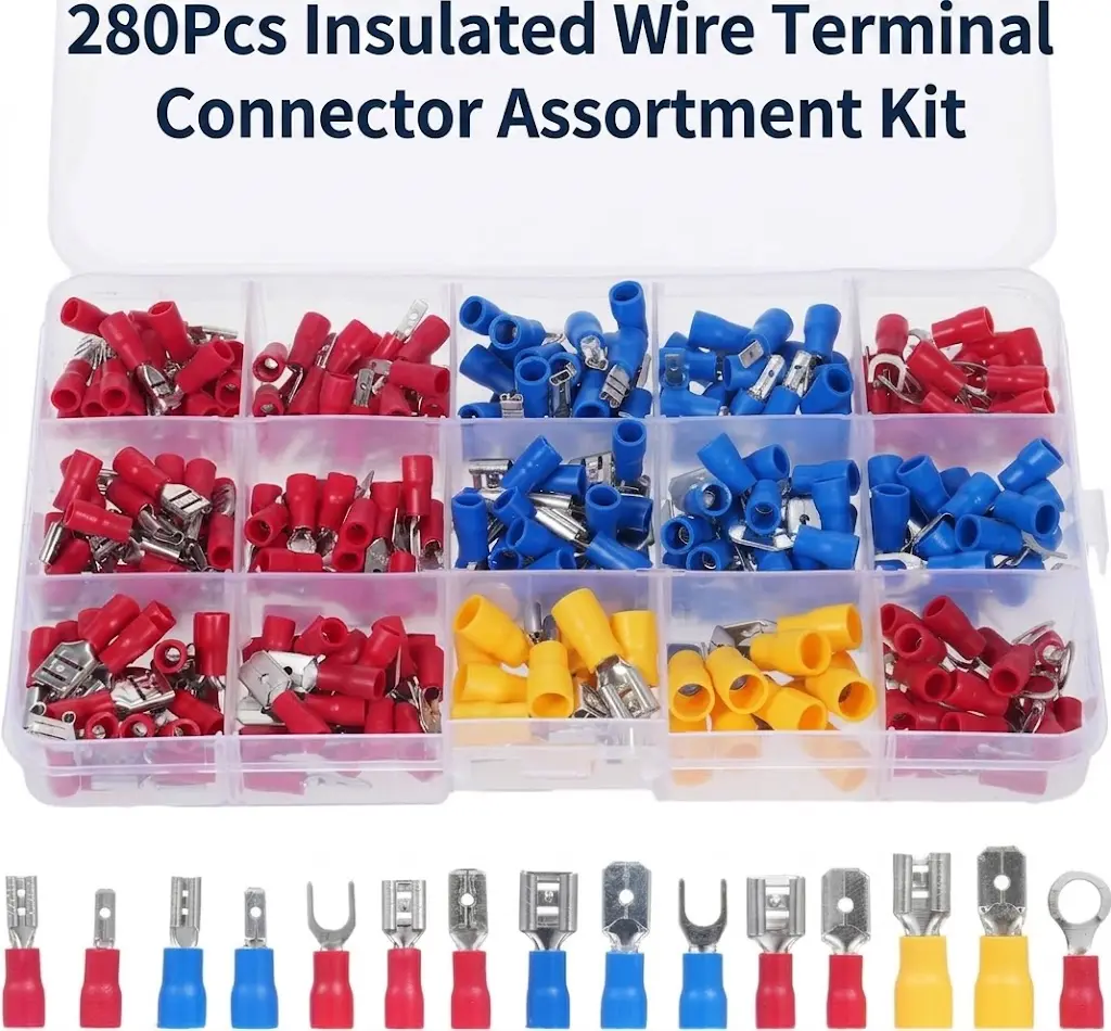 280PCS Crimp Connectors, 2.8mm 4.8mm 6.3mm Male and Female Spade Connector kit, 15 Types Crimp Terminals Electrical Connectors, Electrical Terminals Includes Spade Ring Fork Wire Connectors，Wire Connectors, Insulated Wire Crimp Terminals