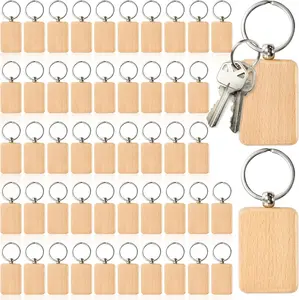 50 Pieces Wood Keychain Blank, Unfinished Laser Engraving Blanks with Key Rings, Rectangular Keychain Ring Tag Wood Sign Bulk for DIY, Crafts Gift, Pet Tags