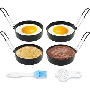 Stainless Steel Egg Rings for Frying Eggs(4 Pack) - 3.5" Round Non Stick Griddle Rings with Oil Brush, Egg Sandwich/Pancake/Cooking Molds, Breakfast Maker Accessories & Egg Separator
