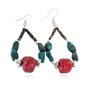 Certified Authentic Navajo .925 Sterling Silver Hooks Natural Turquoise CORAL Native American Earrings 18102-3