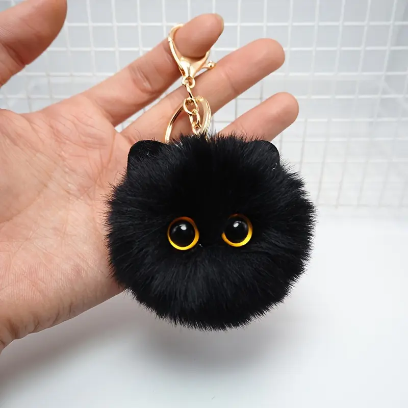 Women's Plush Cat Keychain Charm Multipack - 2 Pieces (1 Black +1 White) Small Fabric Pompom Texture Faux Fur Accessories for Bags, Backpacks, Women's Bags, Cute Faux Fur Pompom, Pom Poms, Keychain Charms, Soft Touch, Plush Look, Animals