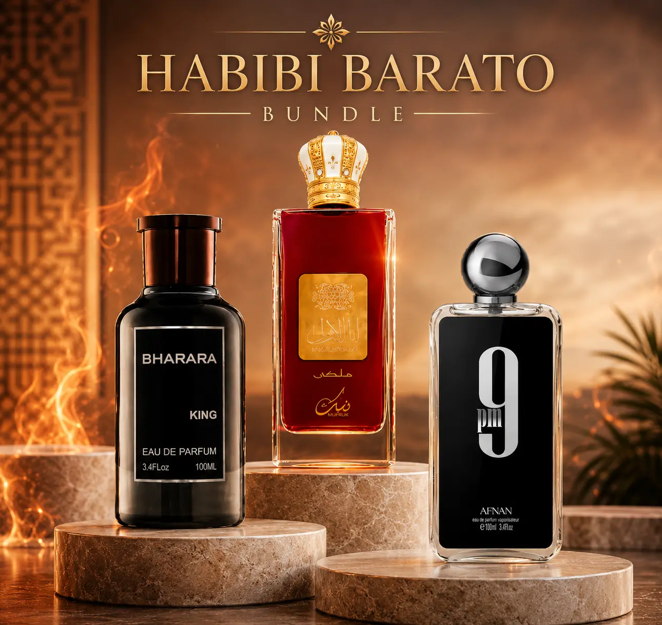 El Habibi Barato Bundle | Afnan 9 PM Black + Bharara King + Al Awwal Malaki | Men's Fragrance | 100 ML 3.4 OZ | Eau De Parfum | Orange - Bergamot & Lemon