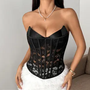 Women Black Lace Bustier Corset Top Sexy Strapless Boned Body Shaper Crop Top Gothic Coquette Aesthetic Going Out Top Party Clubwear