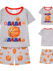 Boys' Basketball Printed Sleepwear Set, Spring Summer Casual Fitted Pajamas, Breathable Fire Retardant Fabric, Comfortable Nightwear