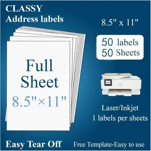 50 Sheets 50 Labels Sticker Paper 8.5" x 11" Full Sheet Shipping Address Labels 1 Per Page Self Adhesive Mailing Label for Laser and Inkjet Printers