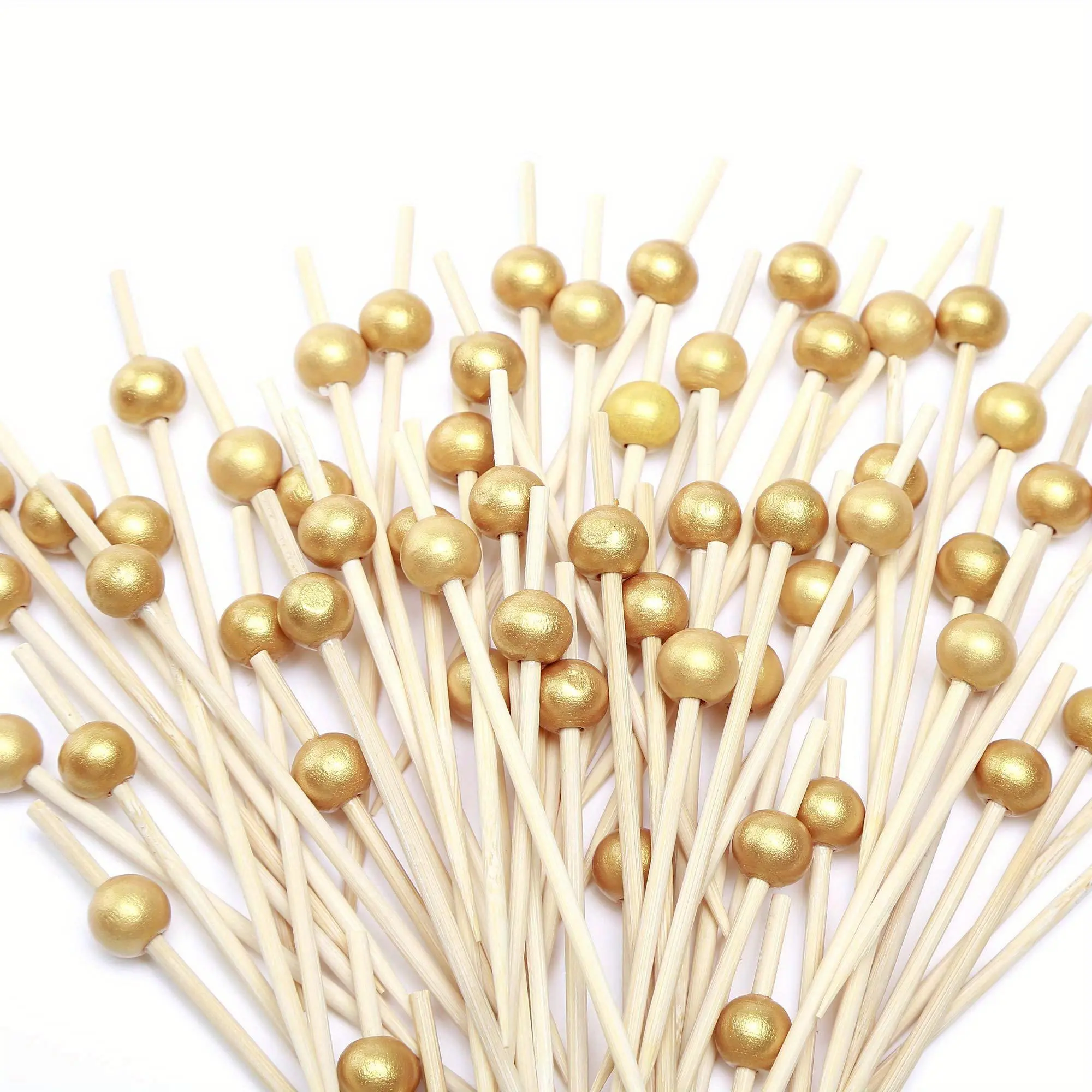 100pcs Gold Pearl Bamboo Cocktail Sticks, Wooden Toothpicks Utensils for Parties, Party Decor, Home Bar Accessories, Drink Accessories, Perfect for Christmas and Mother's Day Events, Handmade Decorative Picks