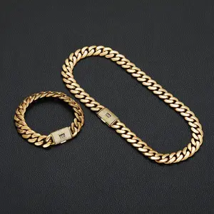 【2pcs Set】14K Vacuum-gold Plated 14mm Miami Cuban Link Chain Hip Hop Jewelry Set Necklace and Bracelet with 5A+ Canada Zircon CZ Fashionable Accessory Valentines Birthday Gift for GF unisex Monaco Mexico & Micro Promise chains For Husband Boyfriend