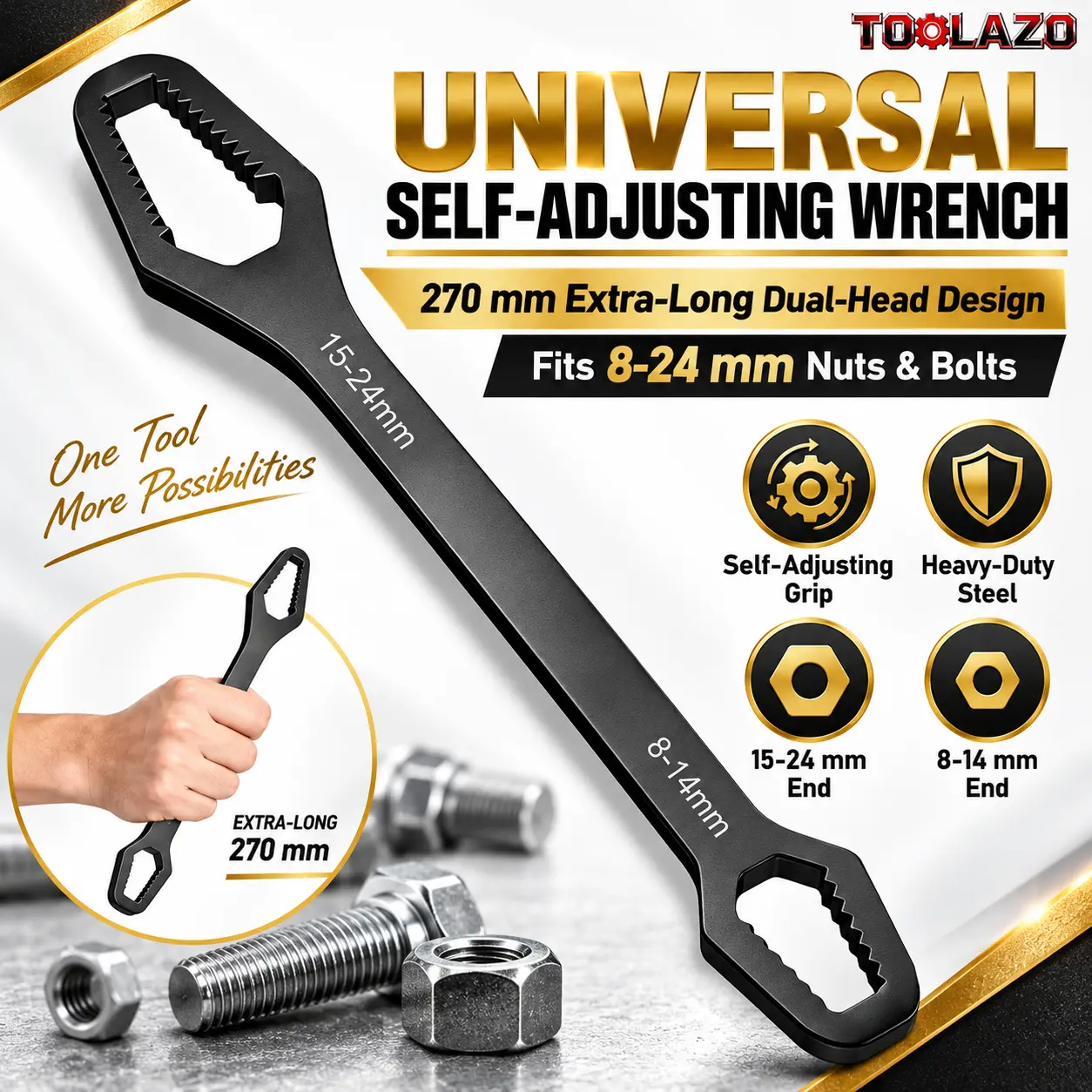 TOOLAZO 270mm Self-Adjusting Wrench, 8-24mm Dual Head Universal Spanner with Non-Slip Grip, 0.5cm Thick Steel Hand Tool for Nuts, Bolts, Auto Repair, Machinery, Plumbing & Home DIY