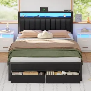 Queen Bed Frame with Charging Station and LED Lights, Grey Upholstered Headboard with Shelves, Metal Platform Bed with 2 Under-Bed Storage (Fabric Drawer on Wheels), No Box Spring Needed king