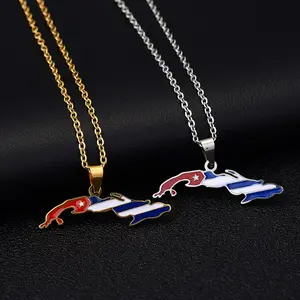 Vintage Oil Drip Republic of Cuba Map Pendant Necklace Stylish Stainless Steel Ladies Collarbone Chain