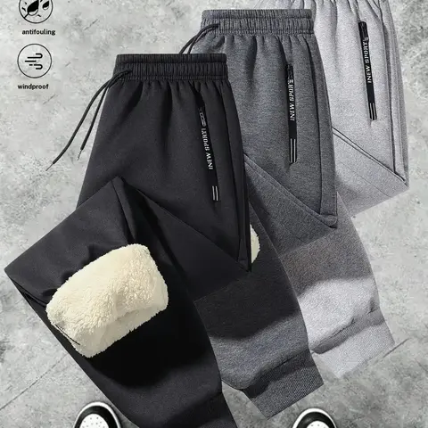 Men's 3-Stripe Fleece-Lined Jogger Pants - Polyester, Drawstring Waistband, Side Zipper, Relaxed Fit, Elastic Ankle Cuffs, Activewear for Gym Training & Urban Commuting, No