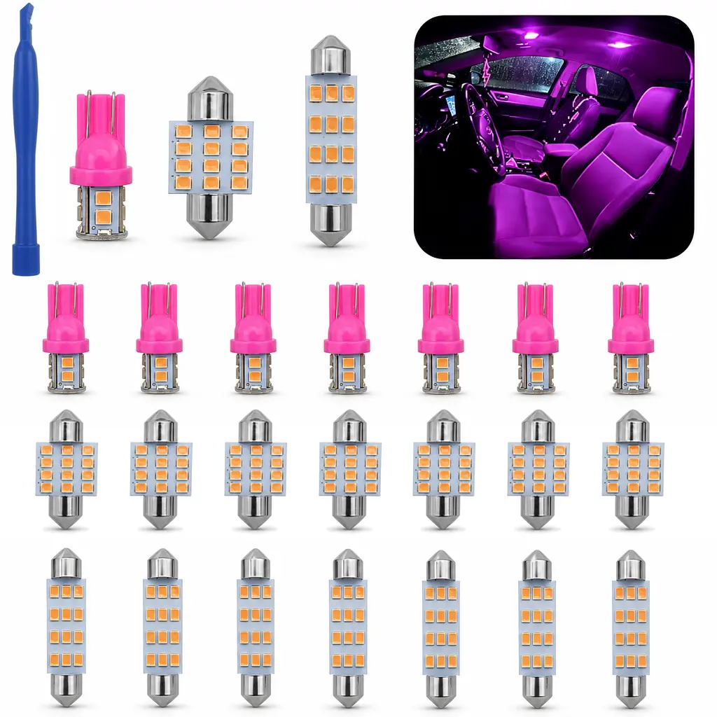 24PCS Automotive Ambient Lighting LED Kit - T10, 31mm, 41mm Festoon Bulbs, Car Decorative Light, Universal Auto Accessories Interior, Car Accessories for Map, Dome, Trunk Replacements, License Plate Light, 3 Sizes Match Common Car Socket Types