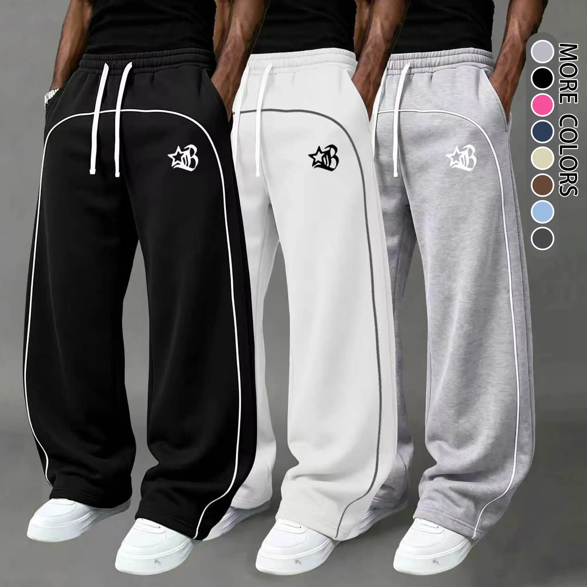 Men’s athletic pants 3-pack — loose wide-leg sweatpants with drawstring waist, ultra-soft men’s sportswear, casual athleisure joggers suitable for fitness and running, 100% polyester fiber, lightweight.