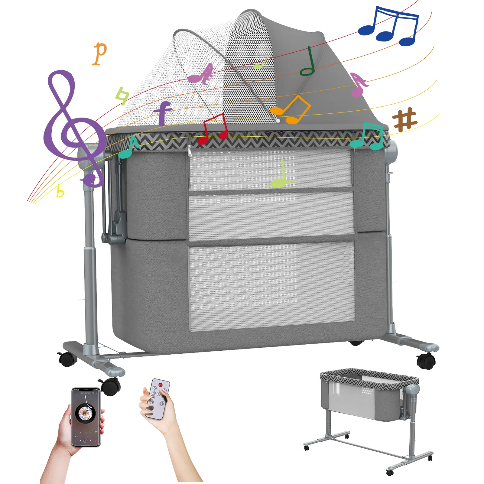 Electric Rocking Bassinet for Baby, 4 and 1 Baby Bedside Bassinets with Remote Control, Portable Bassinets Bedside Sleeper for Newborn with 3-Speed Sw