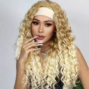 Headband Wig Synthetic Hair Deep Wave No Lace Front Wig Synthetic Hair Mechanism Wig Curly Hair Headband Half Wig Women Synthetic Wig Gradient Khaki Champagne Wig Deep Wave Curly Wig Golden Curly Wig