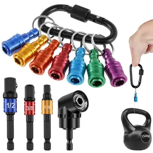 7 Counts 1/4 Inch Hex Shank Screwdriver Bit Holder Universal Bit Holder Keychain with 1/4inch 3/8inch 1/2inch Socket Adapter and 105° Right Angle Drill Attachment for Screwdriver Drill