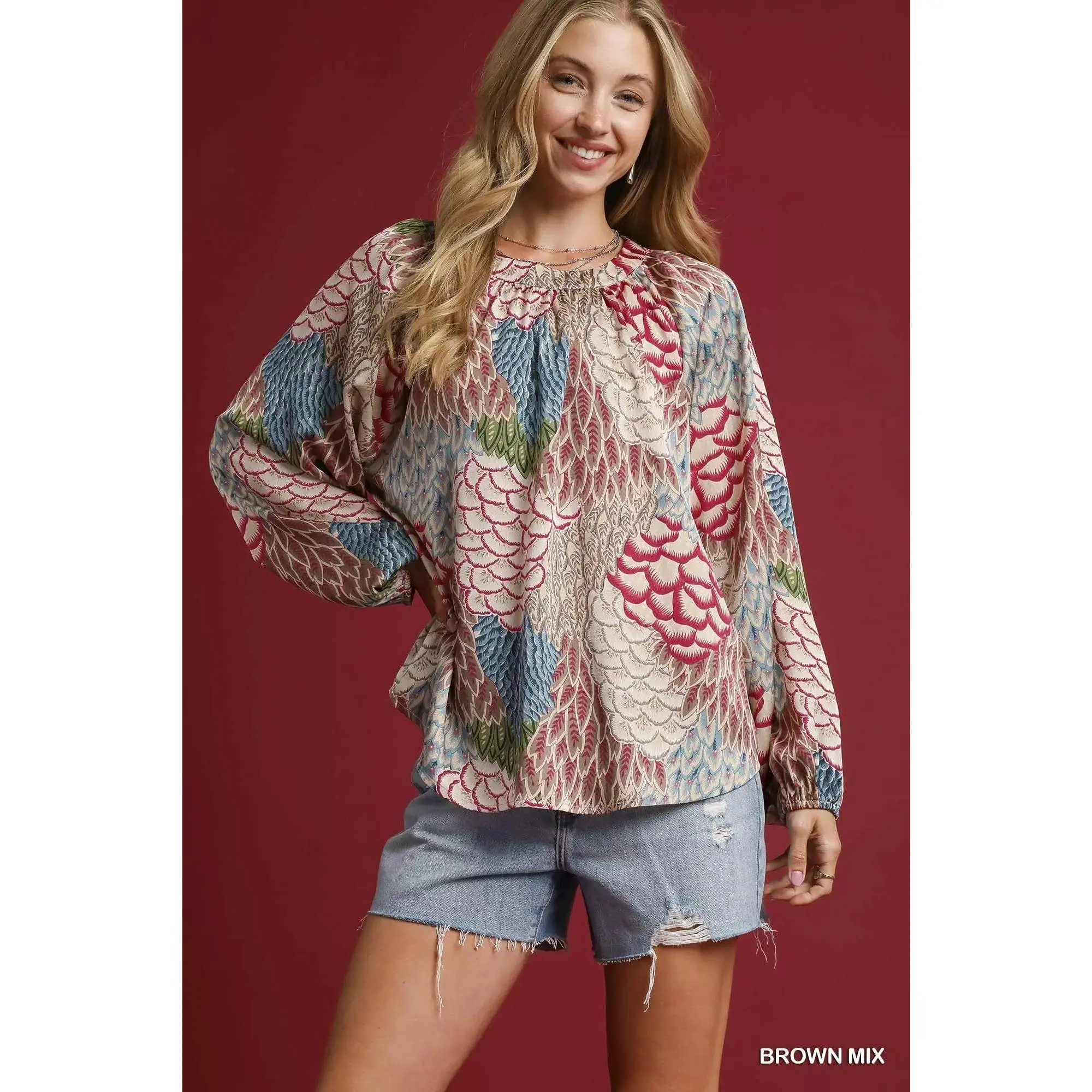 Umgee Boho Feather Print Peasant Blouse