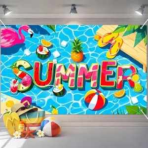 Summer Pool Party Backdrop Banner Summer Hawaiian Tropical Themed Indoor Outdoor Decoration Banner Pool Party Swimming Pool Fruits Decorations Supplies
