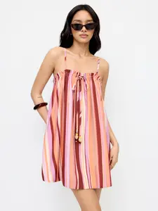 Cider Striped Square Neck Beaded Knotted Lettuce Trim Oversized Mini Dress